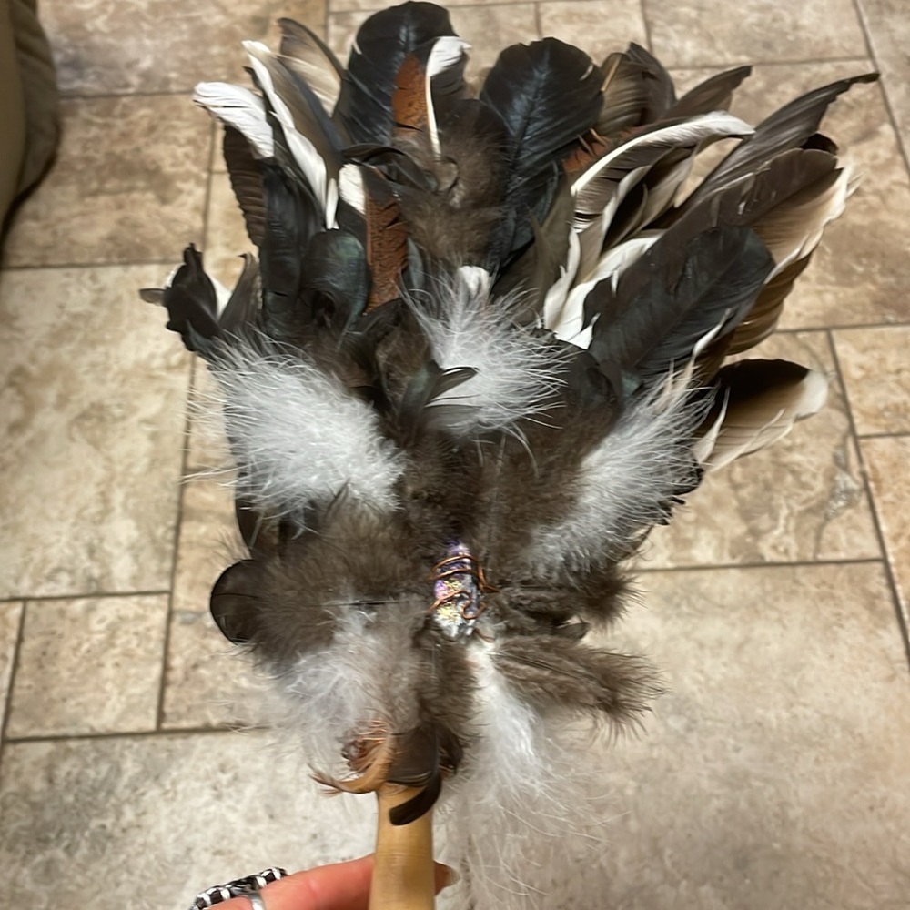 Hand Crafted Feather Incense Fan Turkey Vulture & Chicken Feathers Amethyst